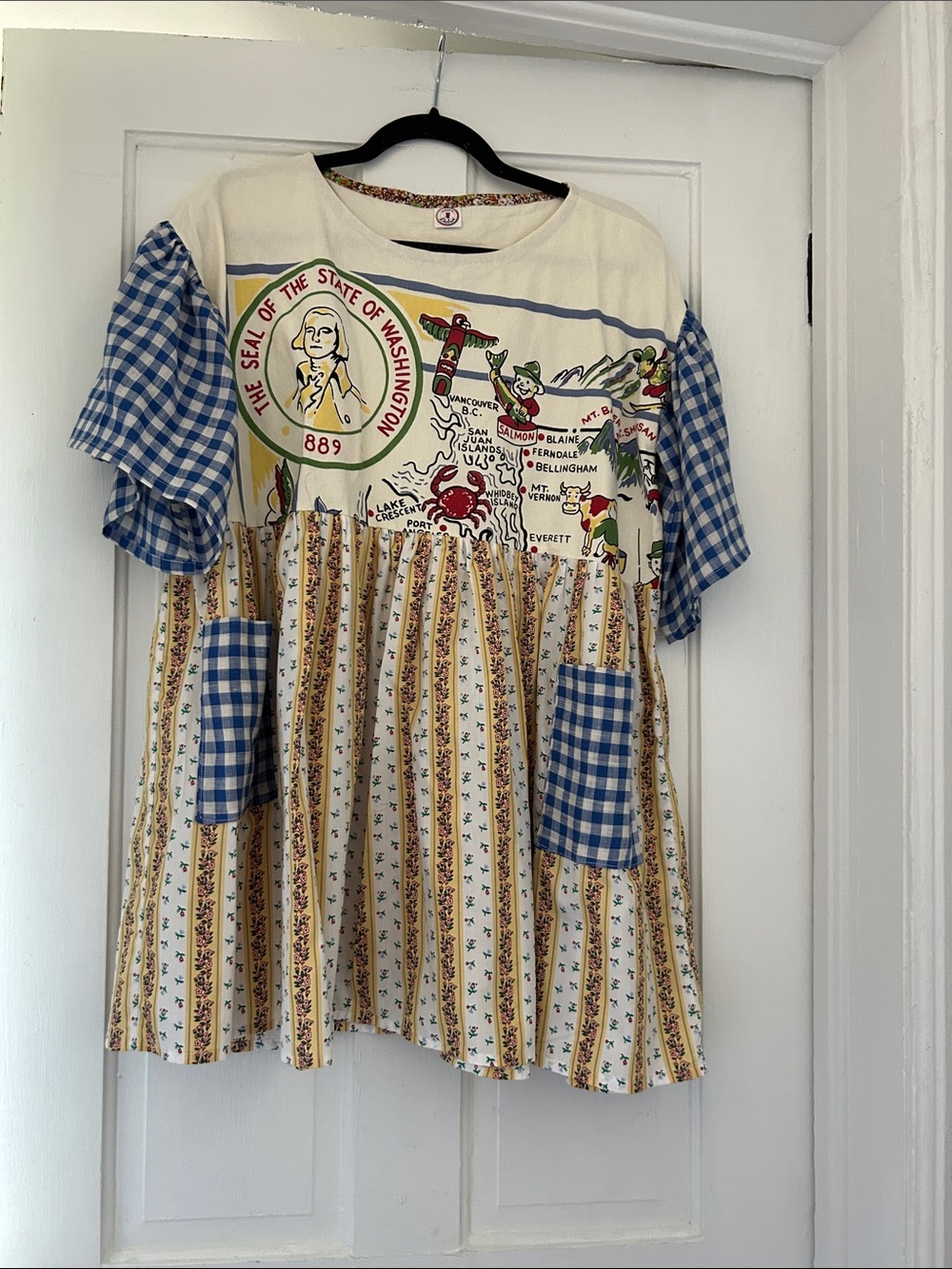 Vintage, made by hand Patchwork Map Print Peasant Blouse - Blue & Cream